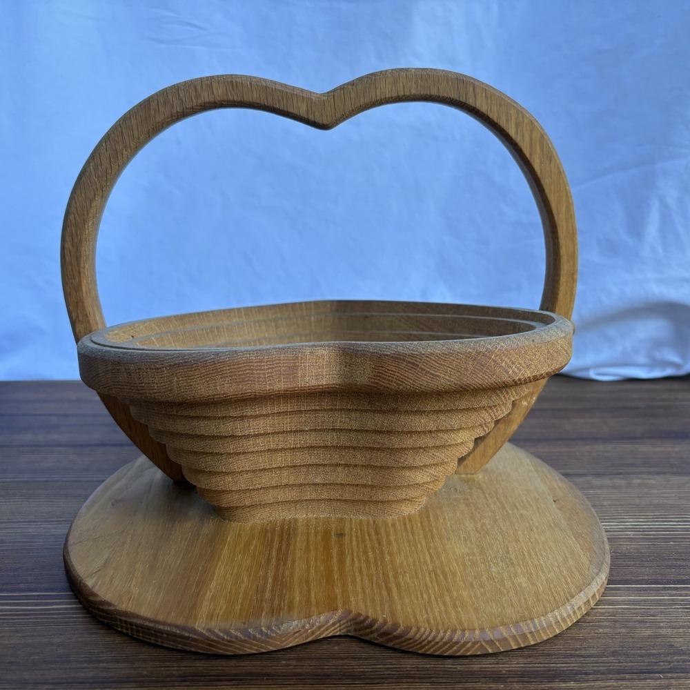 Folding Wood Heart Basket Accordion Collapsible Bowl Trivet Fruit Bread - Picture 4 of 11